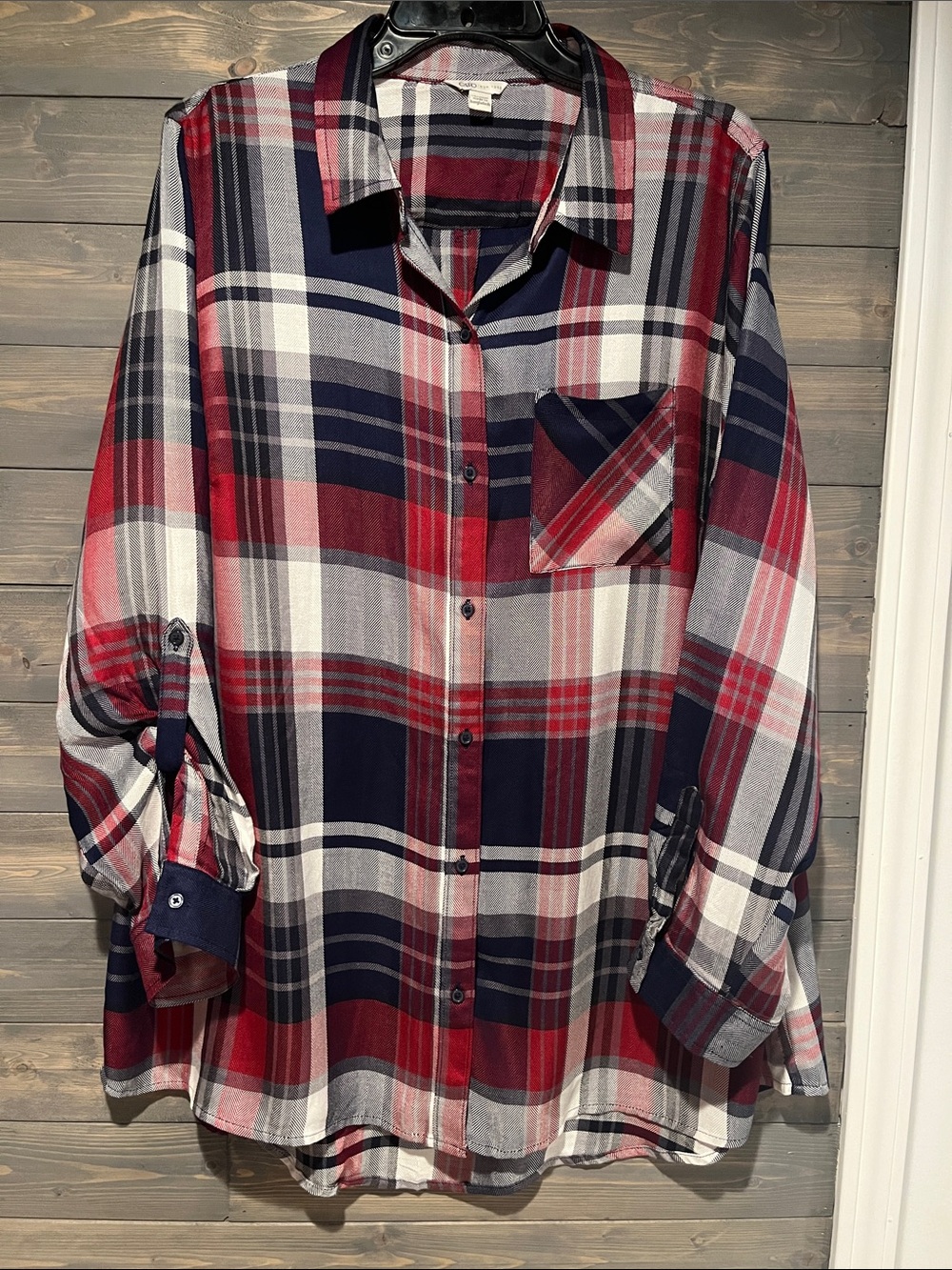 NWOT Cato Maroon & Navy Plaid Button-Up long shirt 18/20